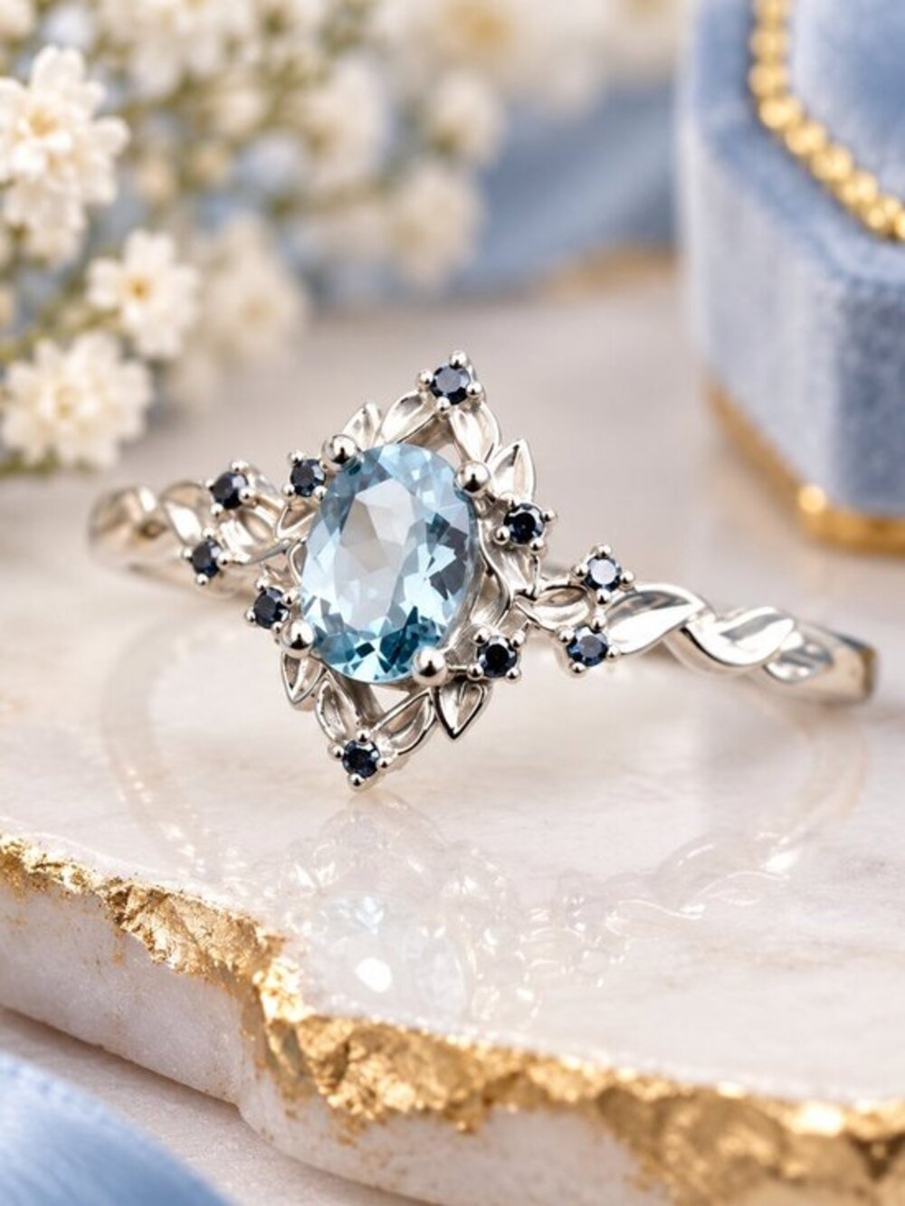 Silver Blue Marquise Gemstone Floral Halo Ring Size 6 NWT